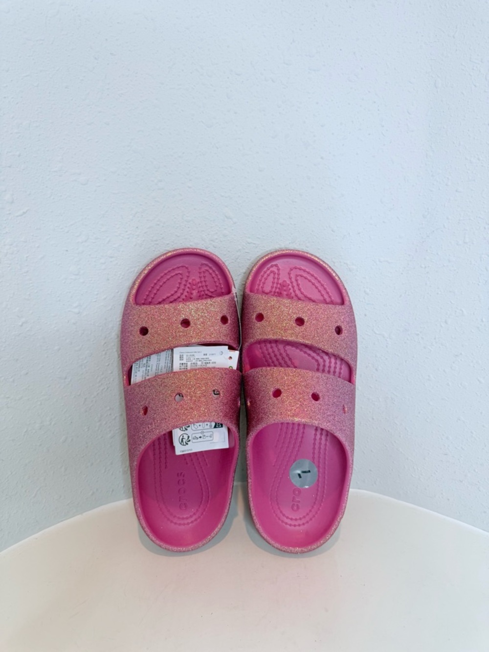 Crocs Classic Iridescent Glitter Unisex Hot Pink Slides Size W 7 NWT - Picture 8 of 11